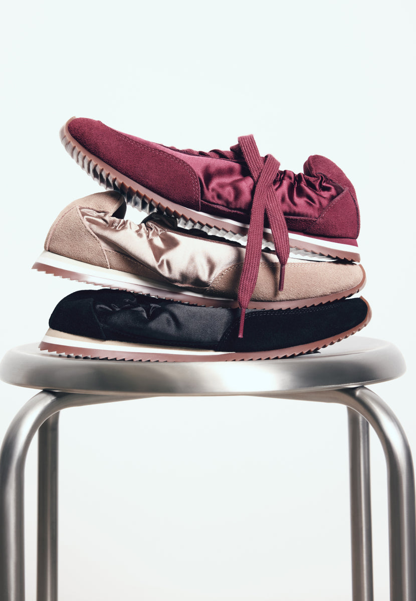 TAUPE LEATHER AND SATIN SNEAKERS