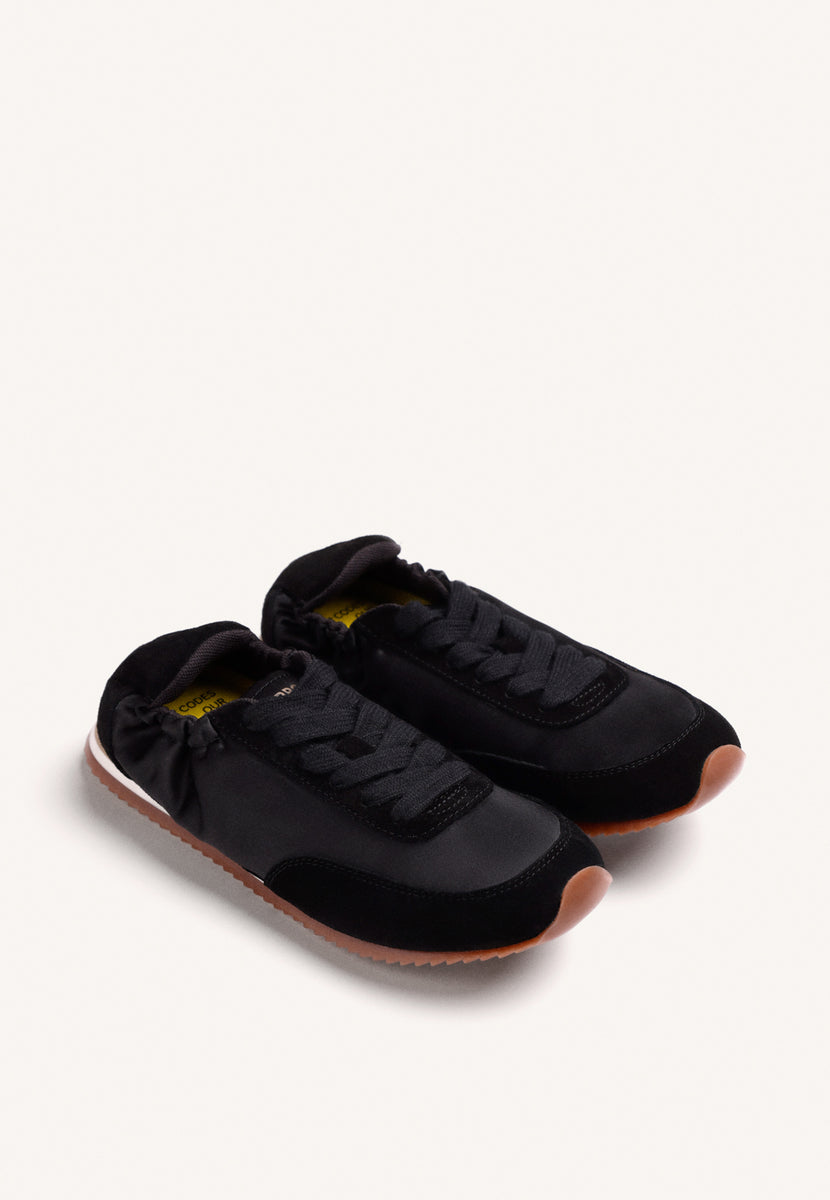 BLACK LEATHER AND SATIN SNEAKERS