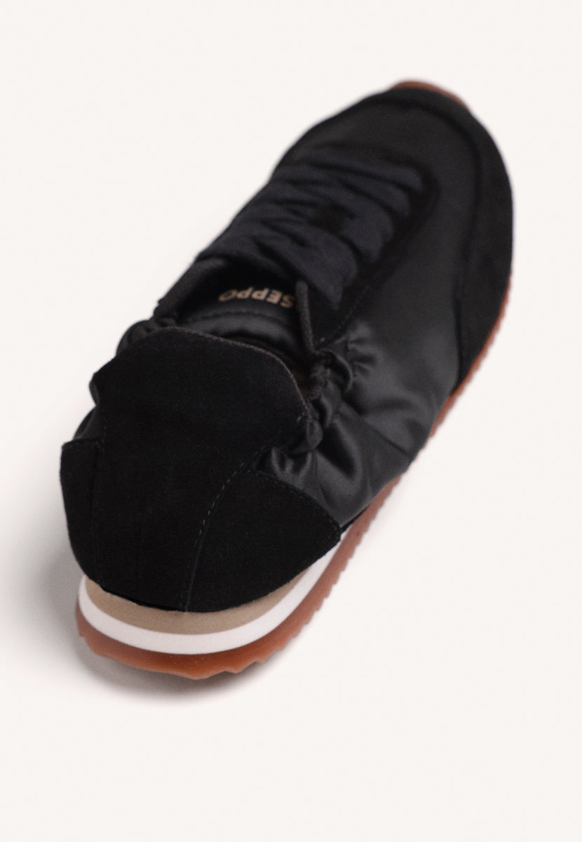 BLACK LEATHER AND SATIN SNEAKERS