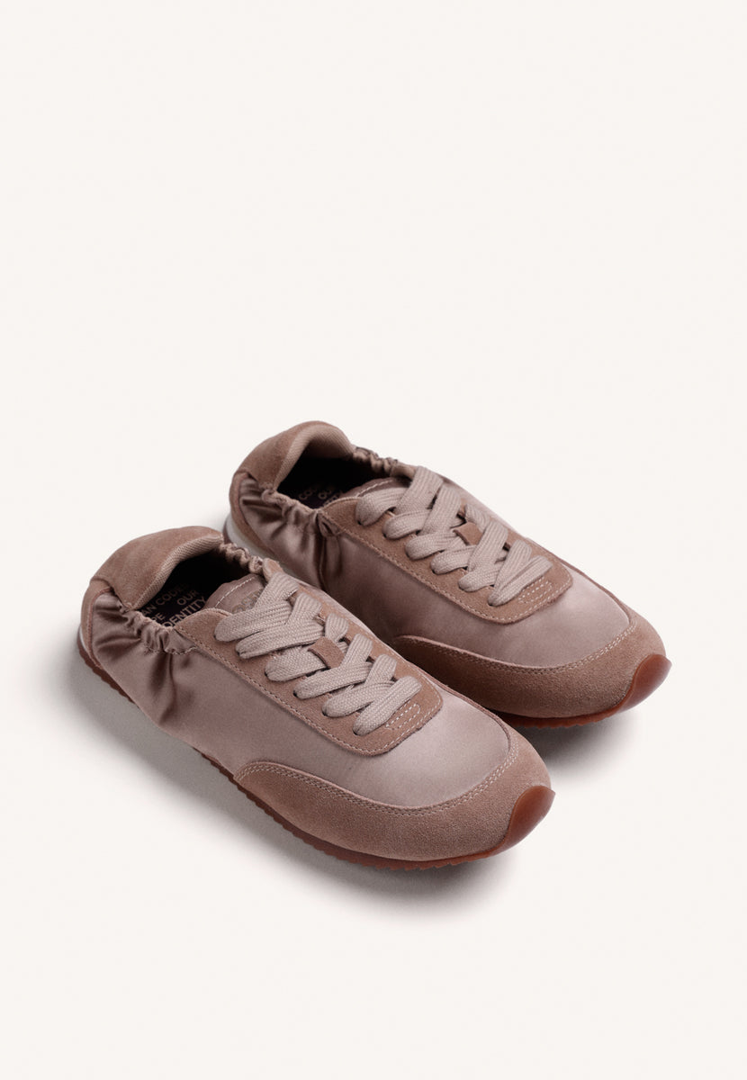 TAUPE LEATHER AND SATIN SNEAKERS