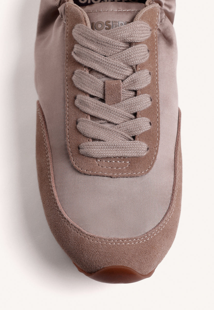 TAUPE LEATHER AND SATIN SNEAKERS