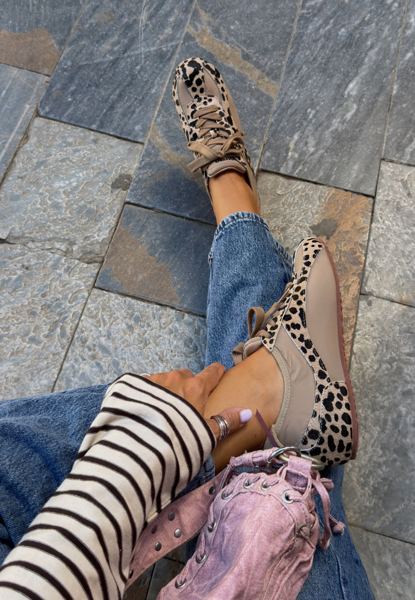 ANIMAL PRINT LEATHER AND NYLON SNEAKERS