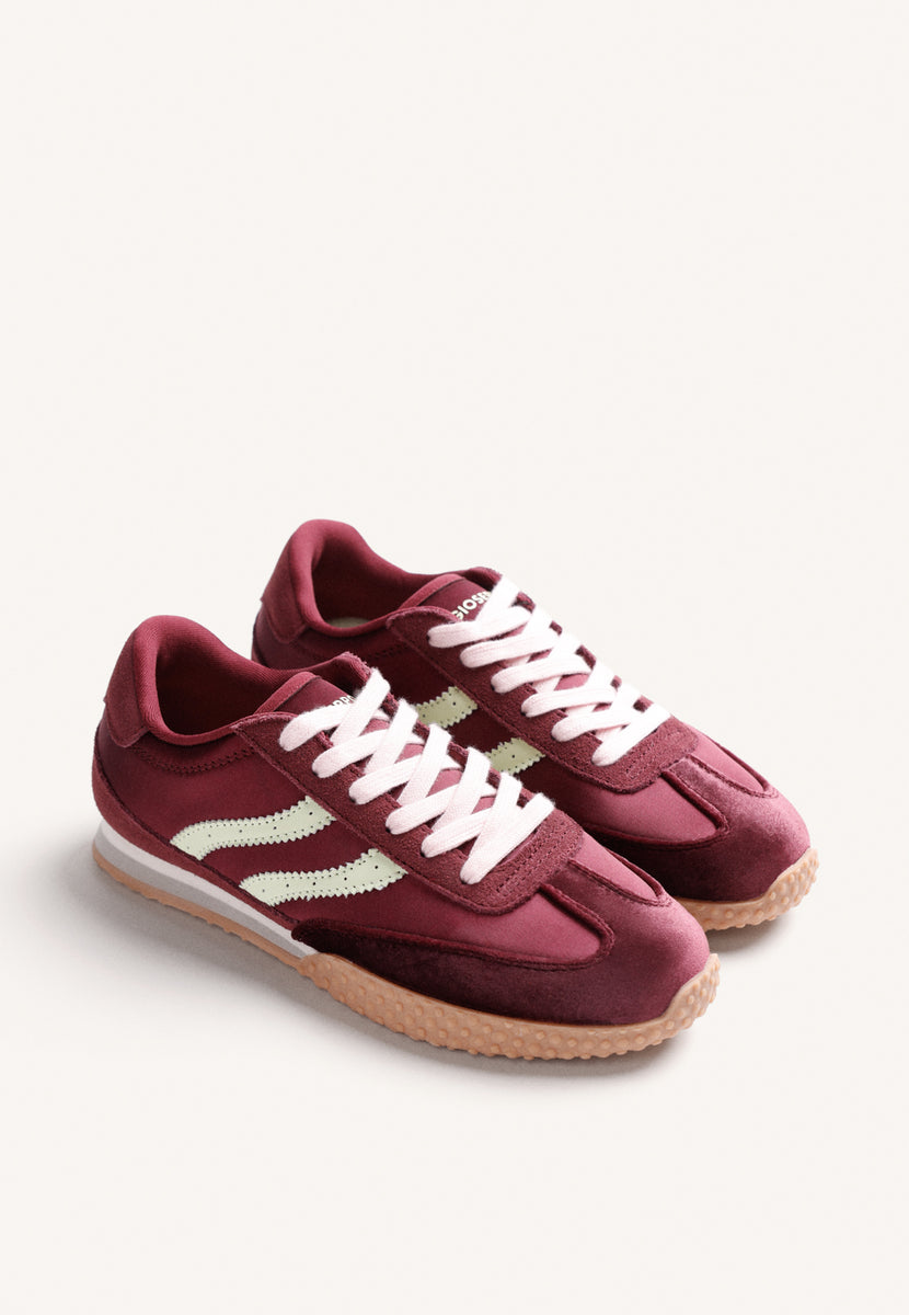 BURGUNDY LEATHER AND SATIN SNEAKERS