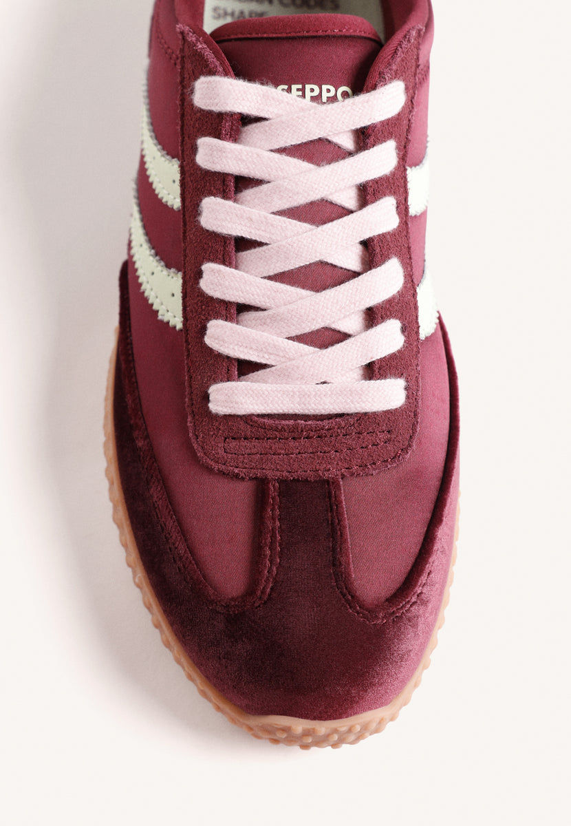 BURGUNDY LEATHER AND SATIN SNEAKERS