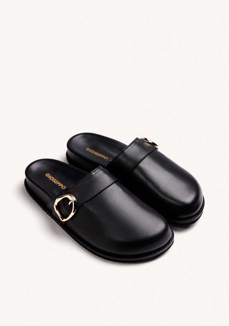 BLACK LEATHER CLOGS WITH BUCKLE