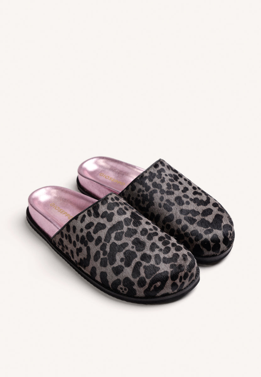 ANIMAL PRINT LEATHER CLOGS WITH BUCKLE