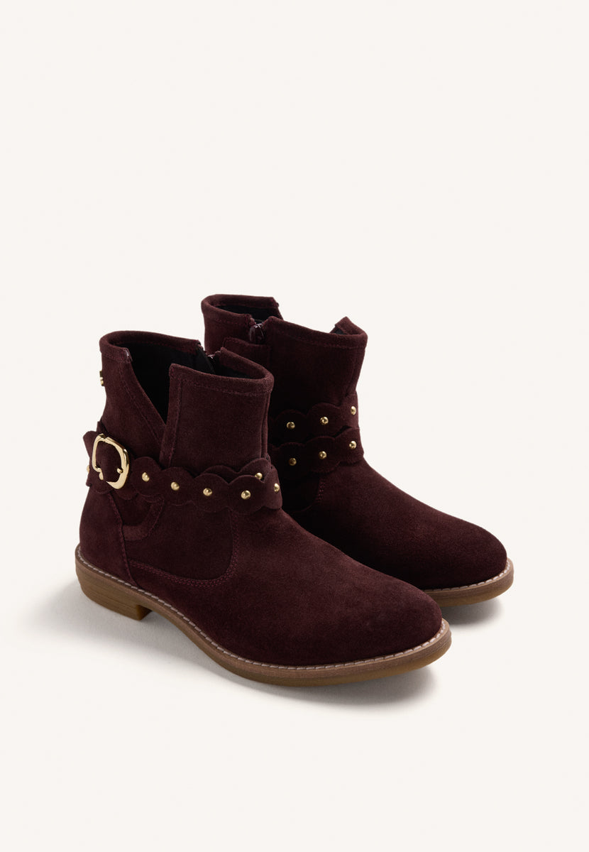 BURGUNDY LEATHER ANKLE BOOTS WITH SIDE ZIPPER
