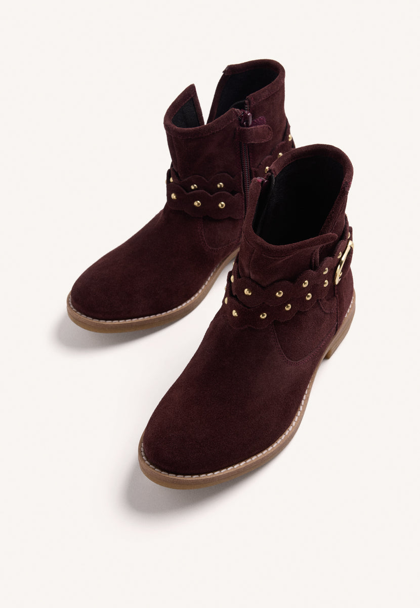 BURGUNDY LEATHER ANKLE BOOTS WITH SIDE ZIPPER