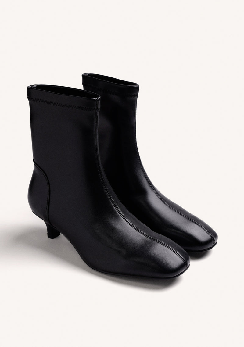 BLACK ELASTIC KITTEN ANKLE BOOTS