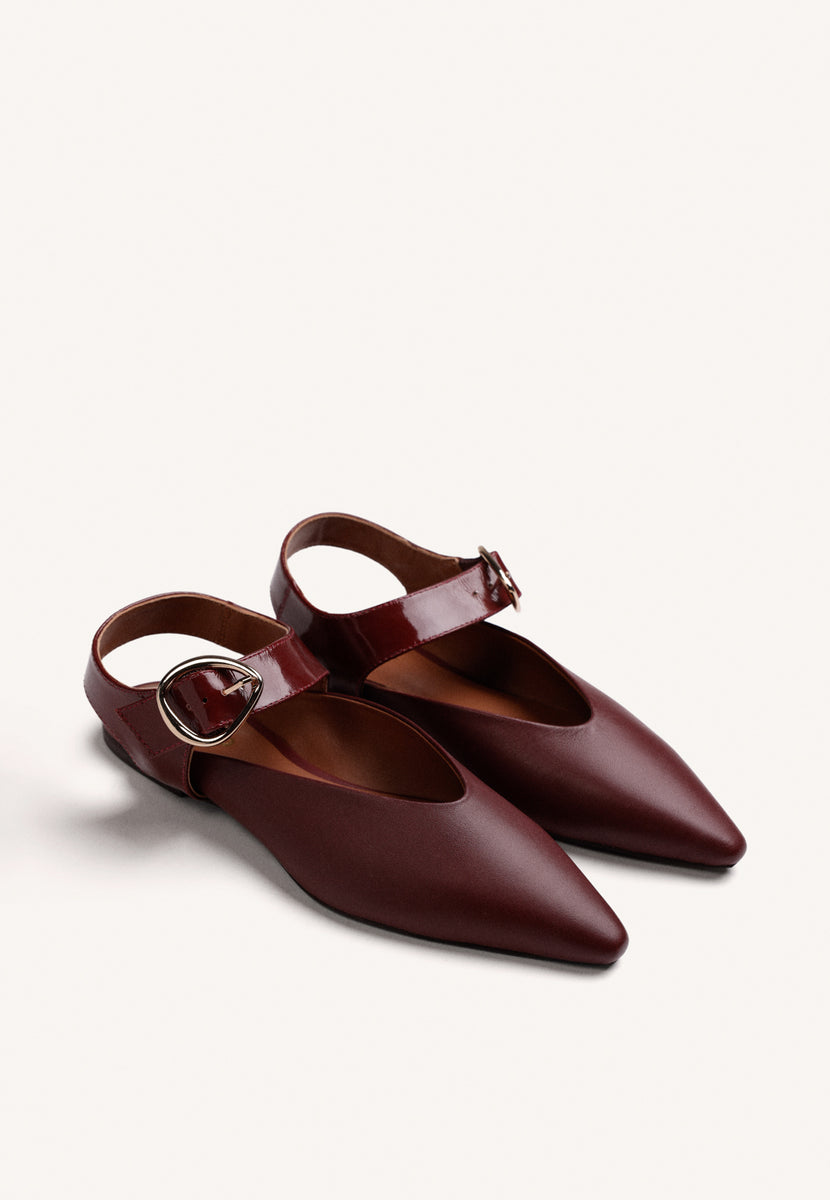 BURGUNDY LEATHER BACKLESS BALLET FLATS