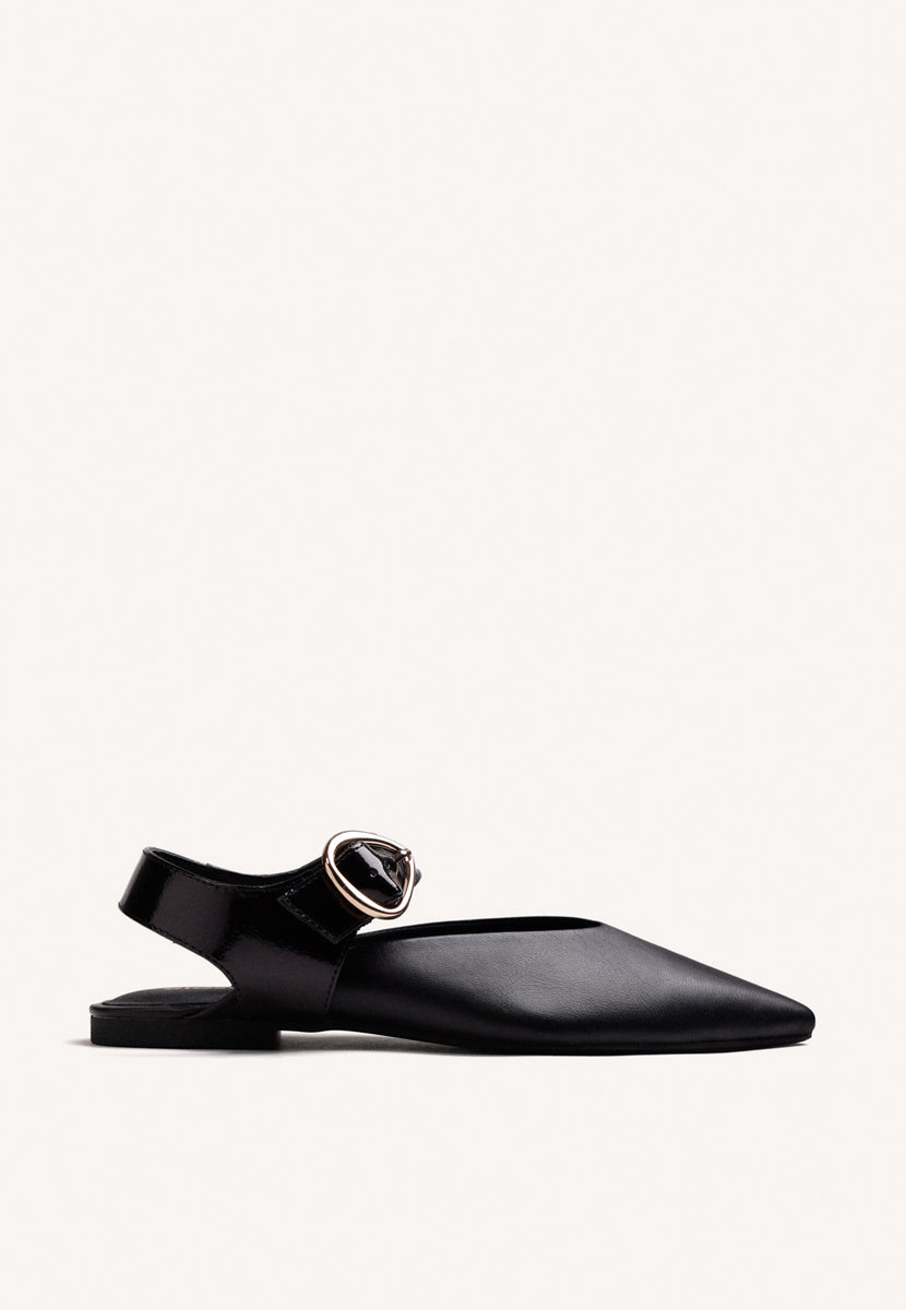 BLACK LEATHER BACKLESS BALLET FLATS