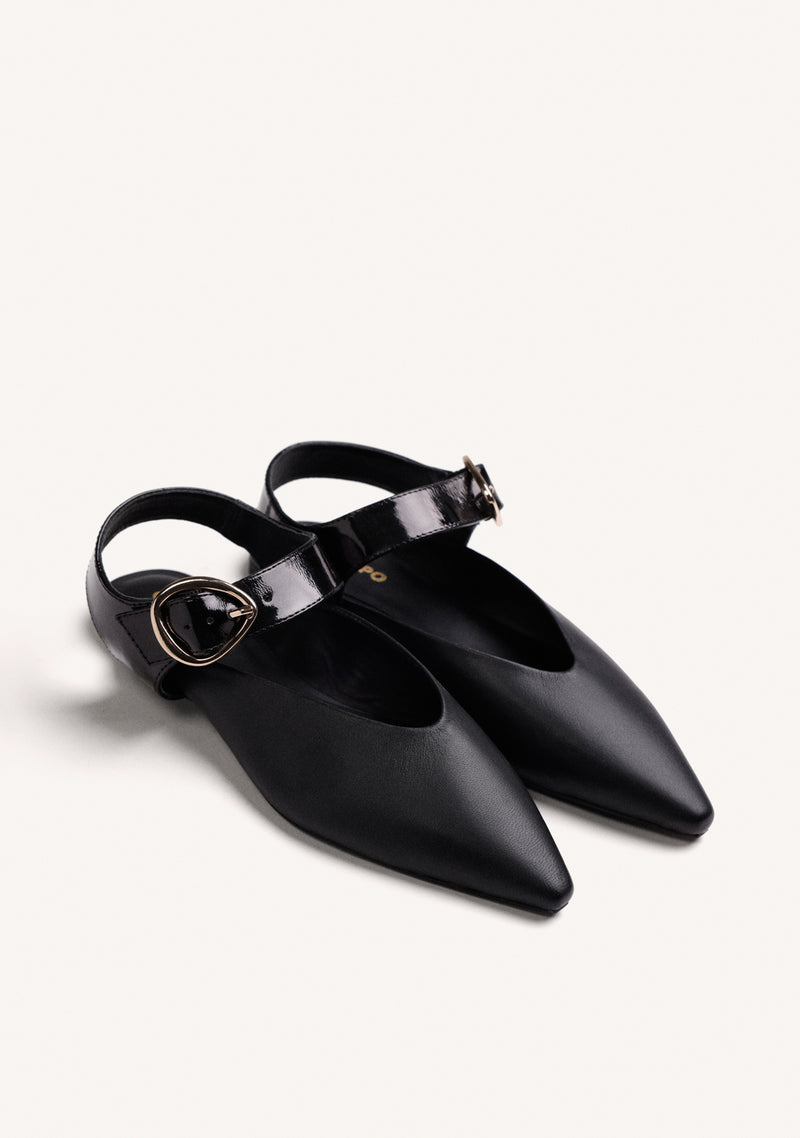 BLACK LEATHER BACKLESS BALLET FLATS