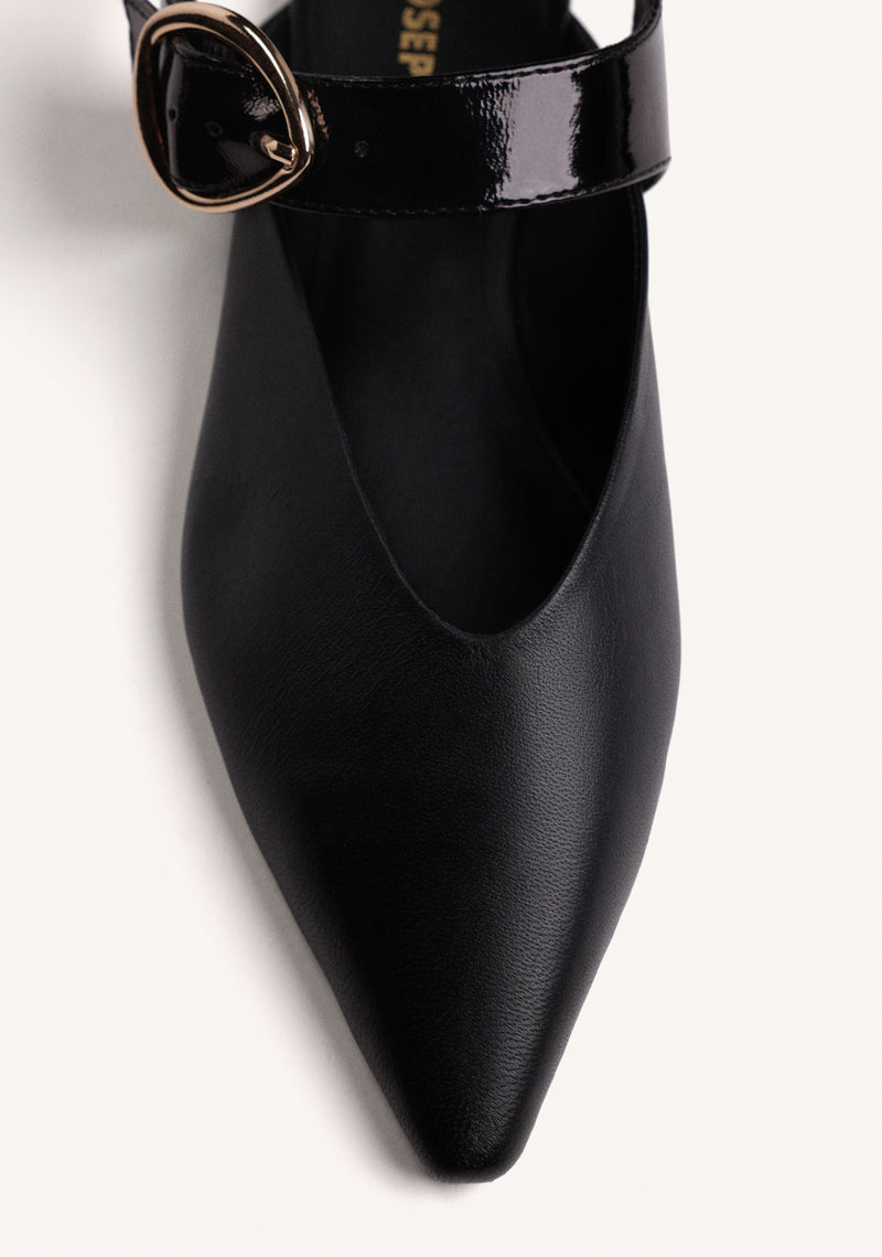 BLACK LEATHER BACKLESS BALLET FLATS