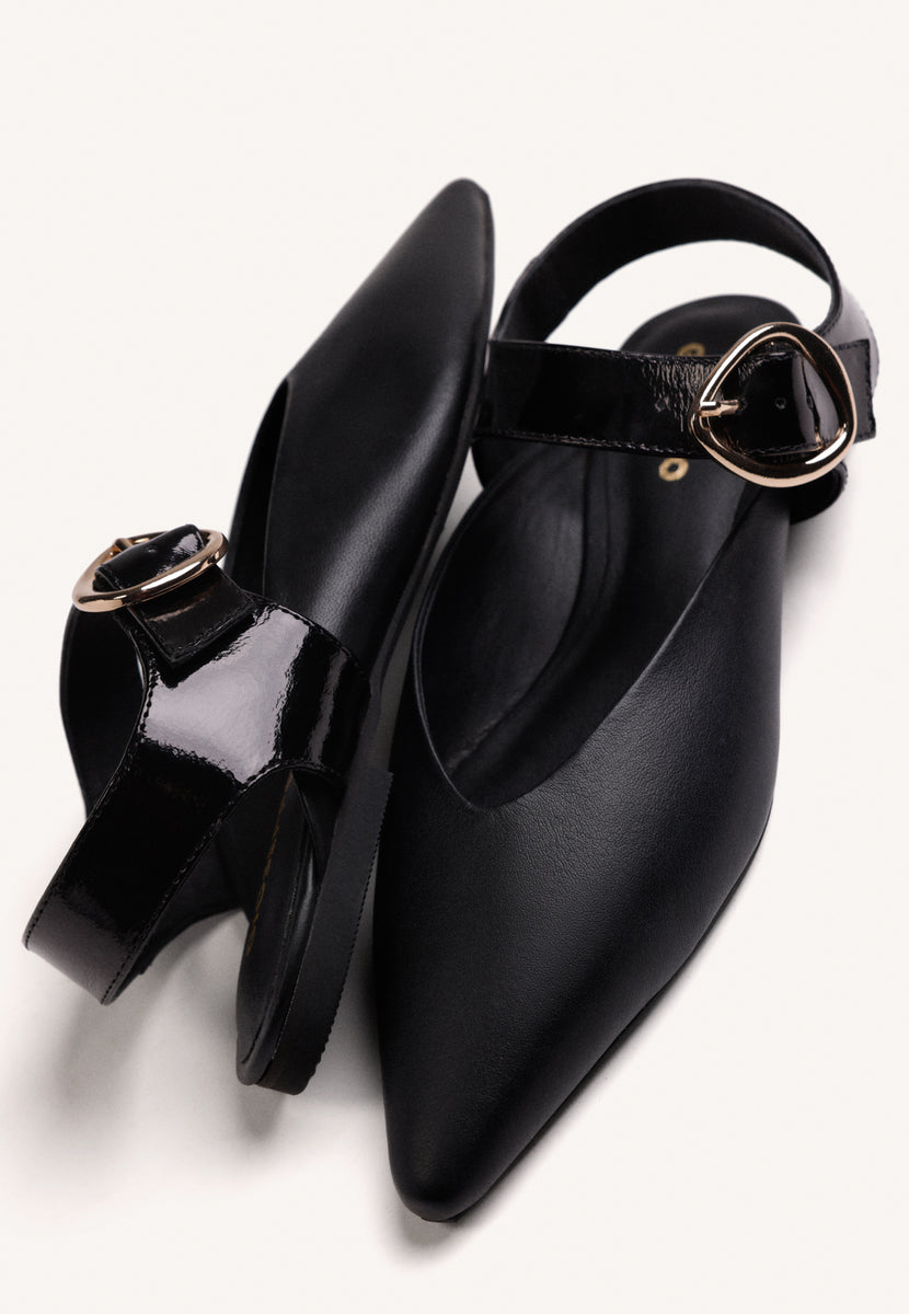 BLACK LEATHER BACKLESS BALLET FLATS