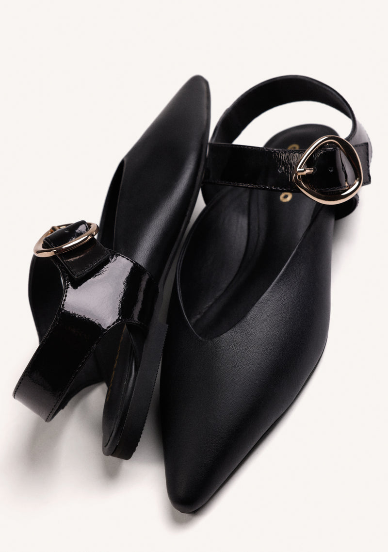 BLACK LEATHER BACKLESS BALLET FLATS