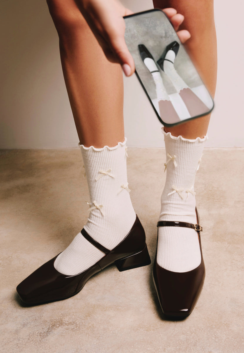 BROWN MARY-JANE SHOES WITH PATENT EFFECT