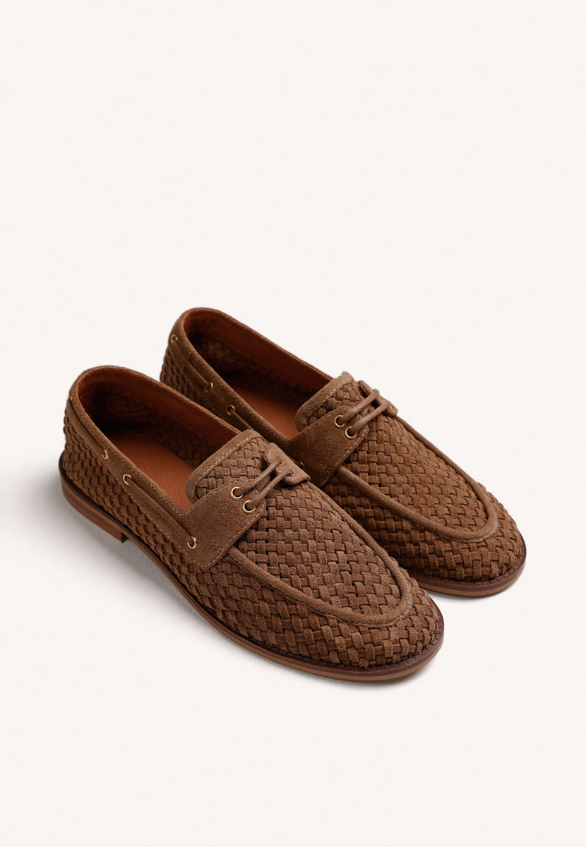 MOCASSINS NAUTIQUES MARRON EN CUIR TRESSÉ