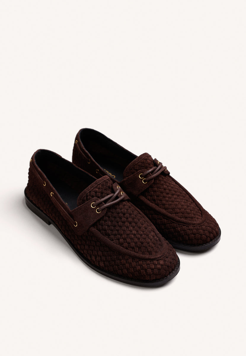 MOCASSINI NAUTICI MARRONI IN PELLE INTRECCIATA