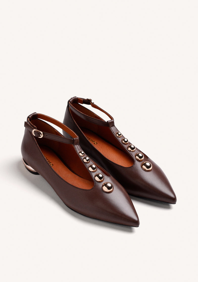 BROWN BALLERINAS WITH ANIMAL PRINT AND STUDS