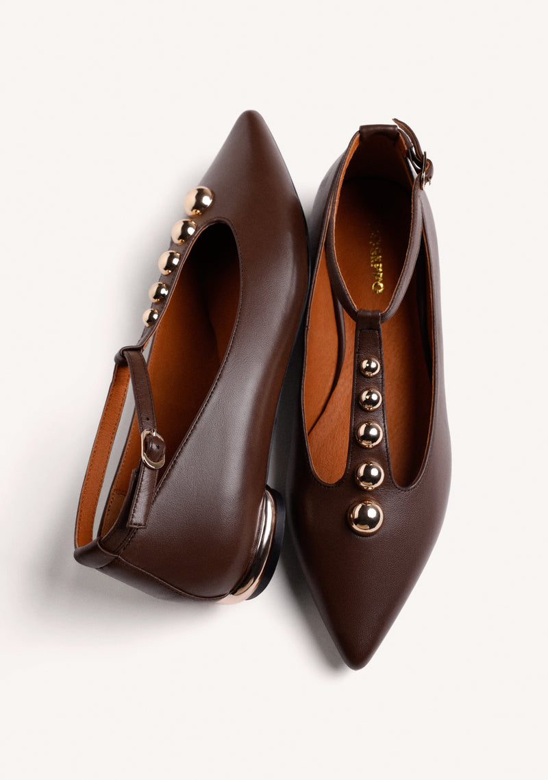 BROWN BALLERINAS WITH ANIMAL PRINT AND STUDS