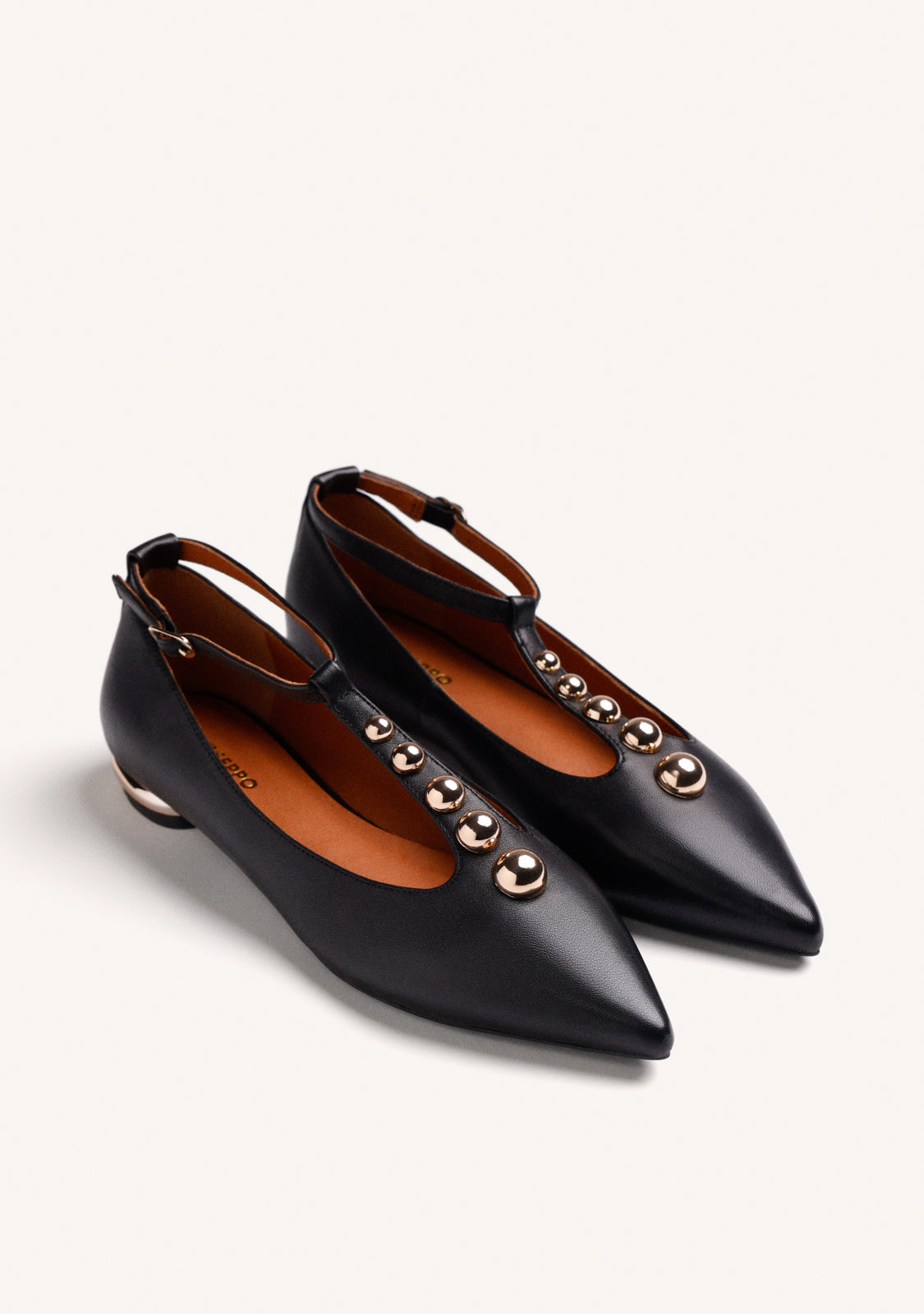 BLACK LEATHER BALLET FLATS WITH ANIMAL PRINT AND STUDS
