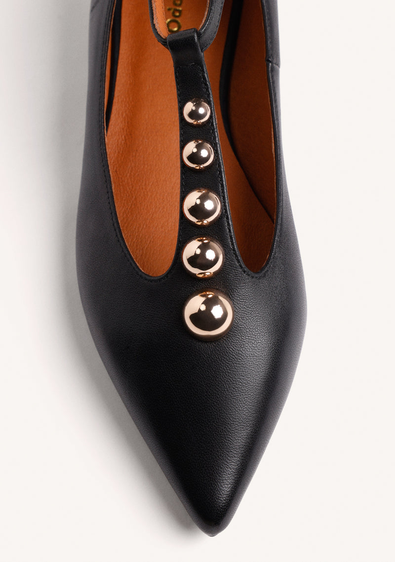 BLACK LEATHER BALLET FLATS WITH ANIMAL PRINT AND STUDS
