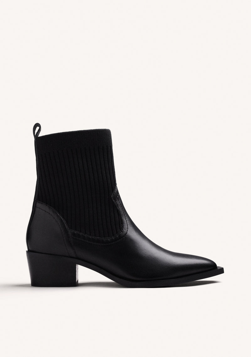 BLACK ELASTIC COWBOY LEATHER ANKLE BOOTS
