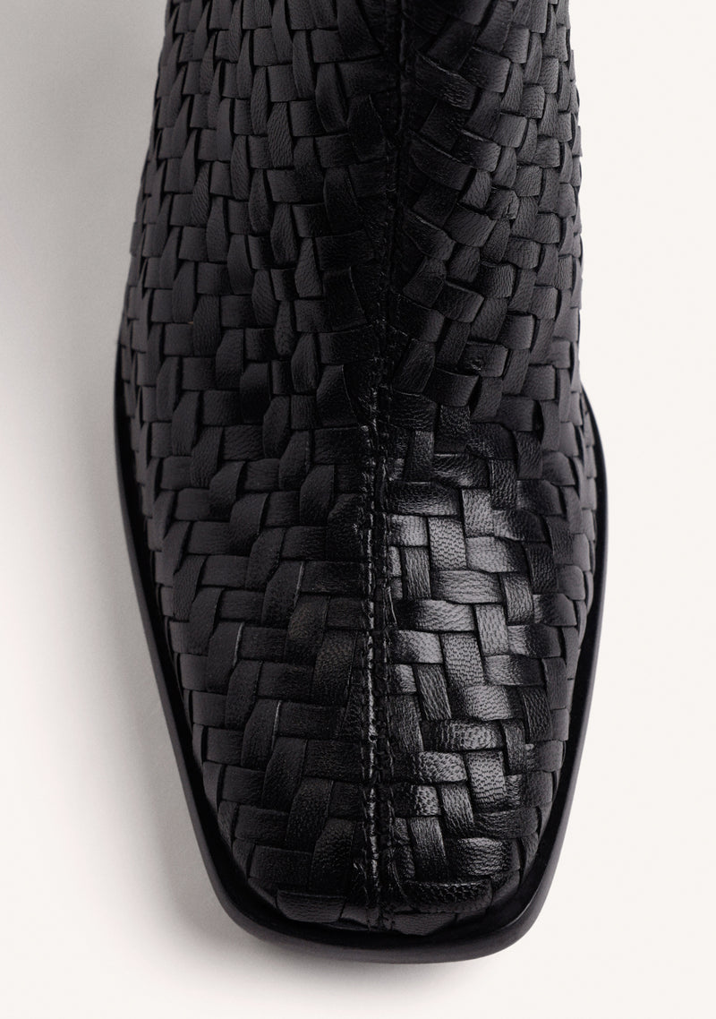 BLACK WOVEN LEATHER ANKLE BOOTS