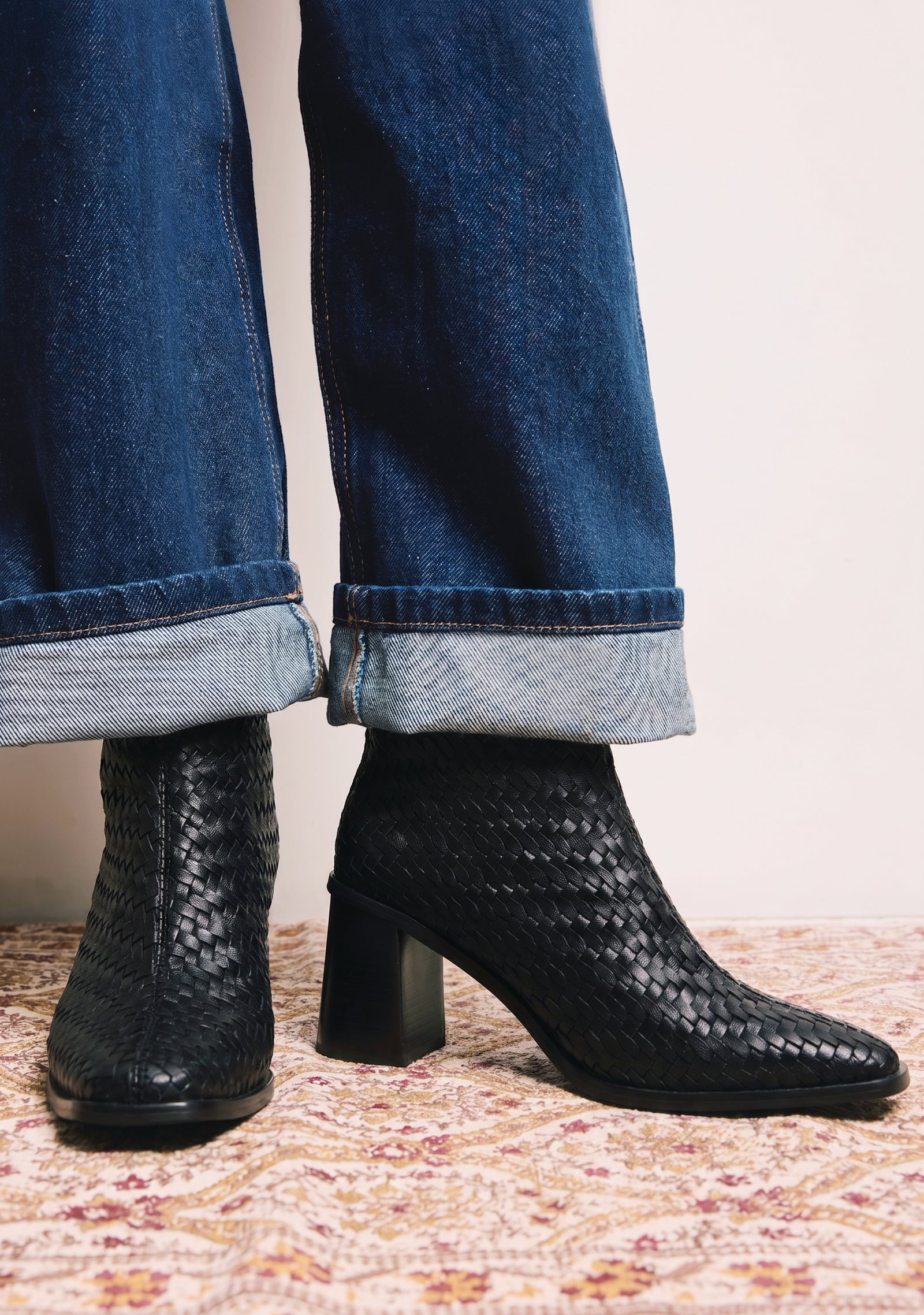 BLACK WOVEN LEATHER ANKLE BOOTS