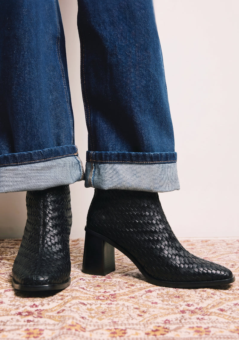 BLACK WOVEN LEATHER ANKLE BOOTS