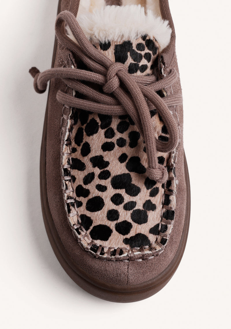 TAUPE SUEDE LEATHER ANIMAL PRINT CLOGS