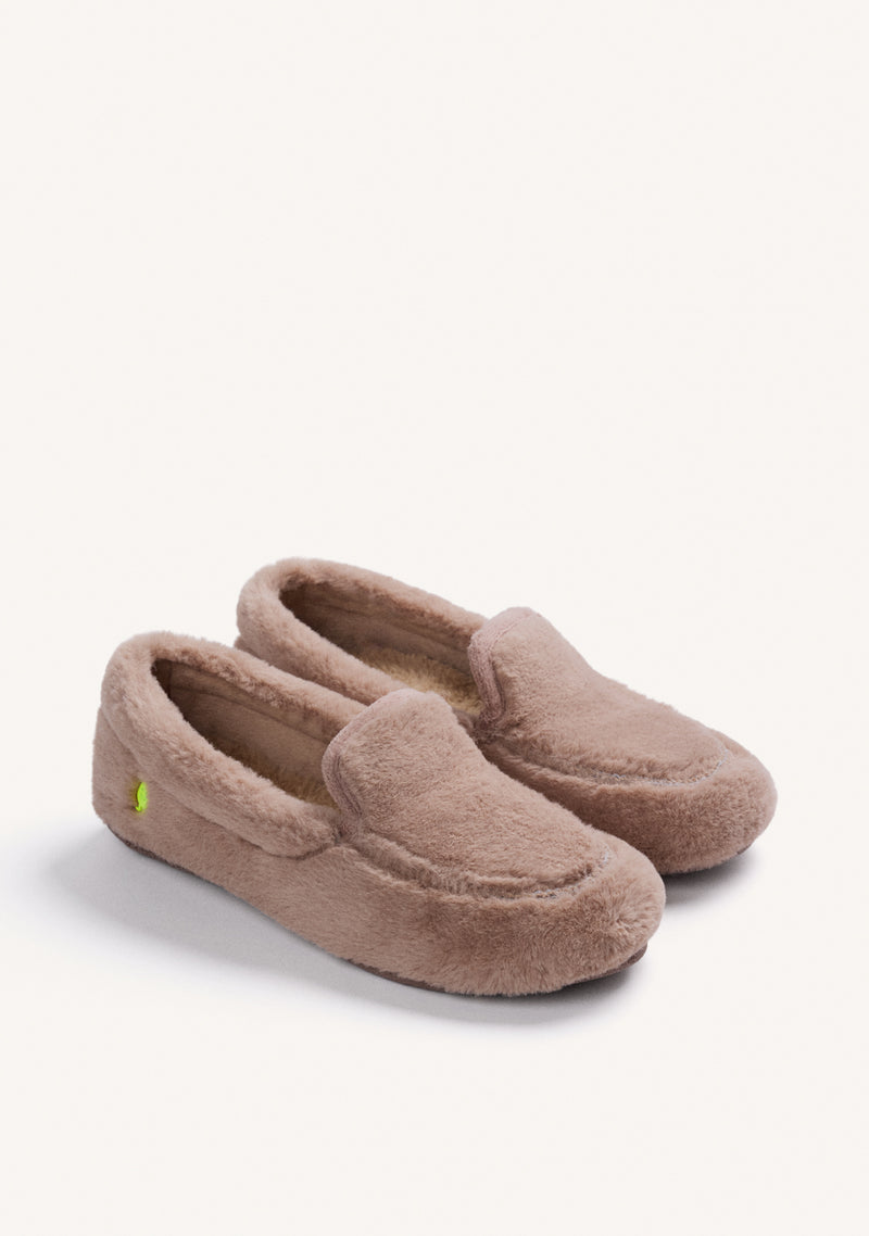 TAUPE HOUSE SLIPPERS MOCASSIN STYLE WITH FUR
