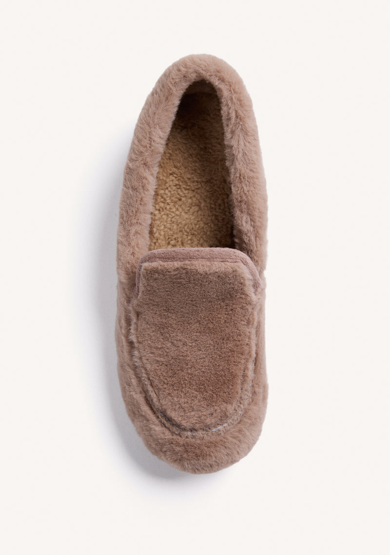TAUPE HOUSE SLIPPERS MOCASSIN STYLE WITH FUR