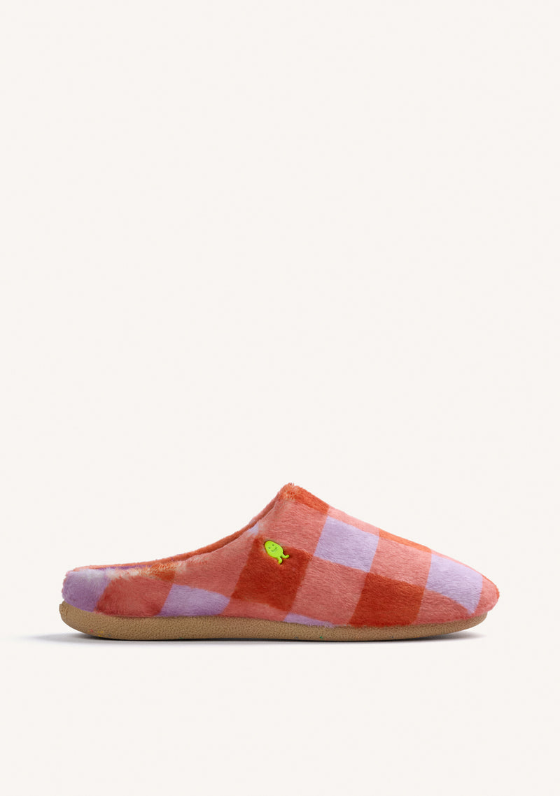 ORANGE AND LILAC CHECKERED FUR HOUSE SLIPPERS