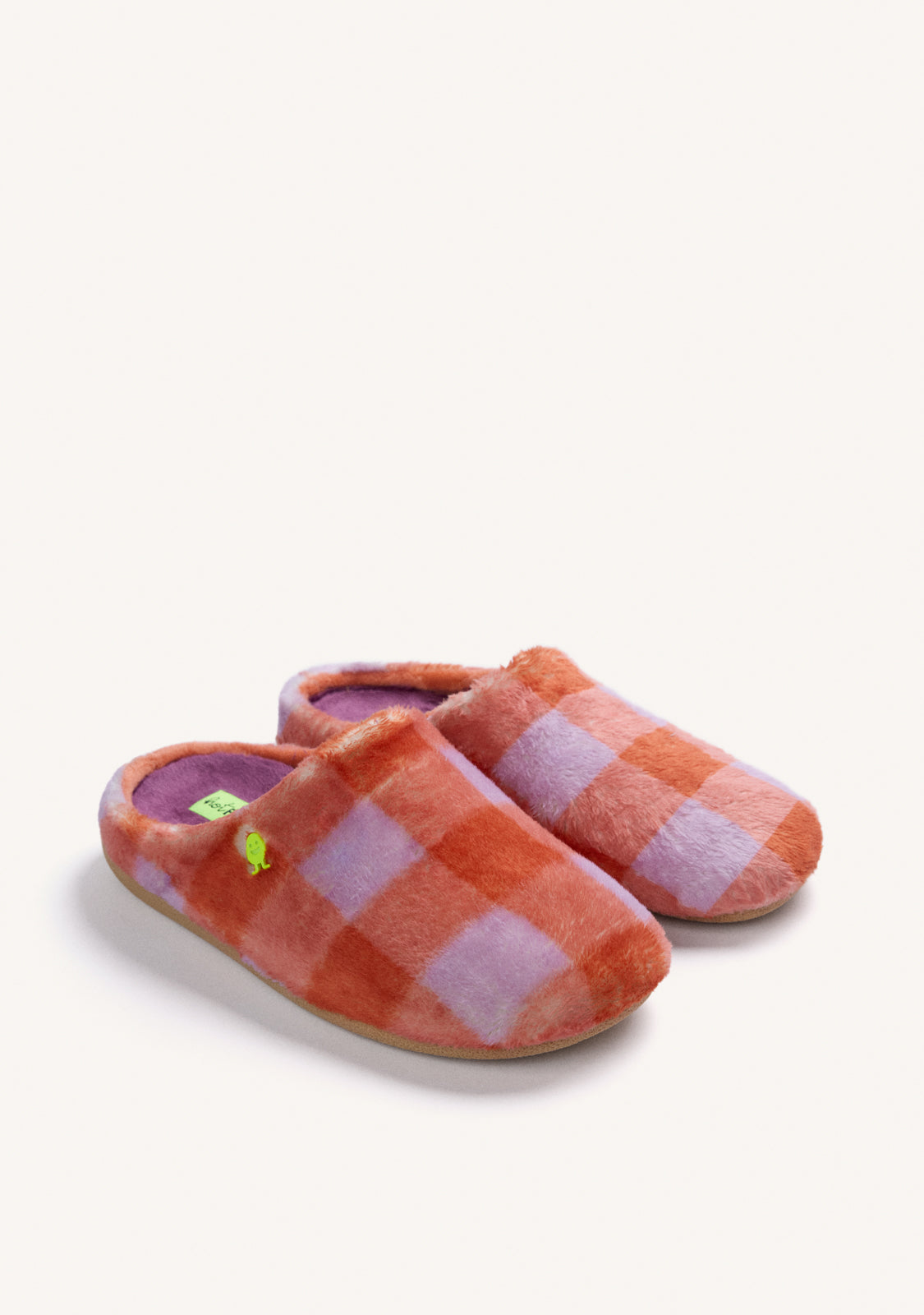 ORANGE AND LILAC CHECKERED FUR HOUSE SLIPPERS