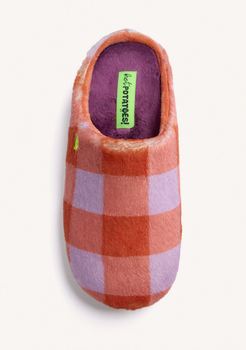 ORANGE AND LILAC CHECKERED FUR HOUSE SLIPPERS