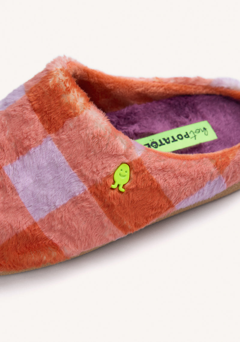 ORANGE AND LILAC CHECKERED FUR HOUSE SLIPPERS