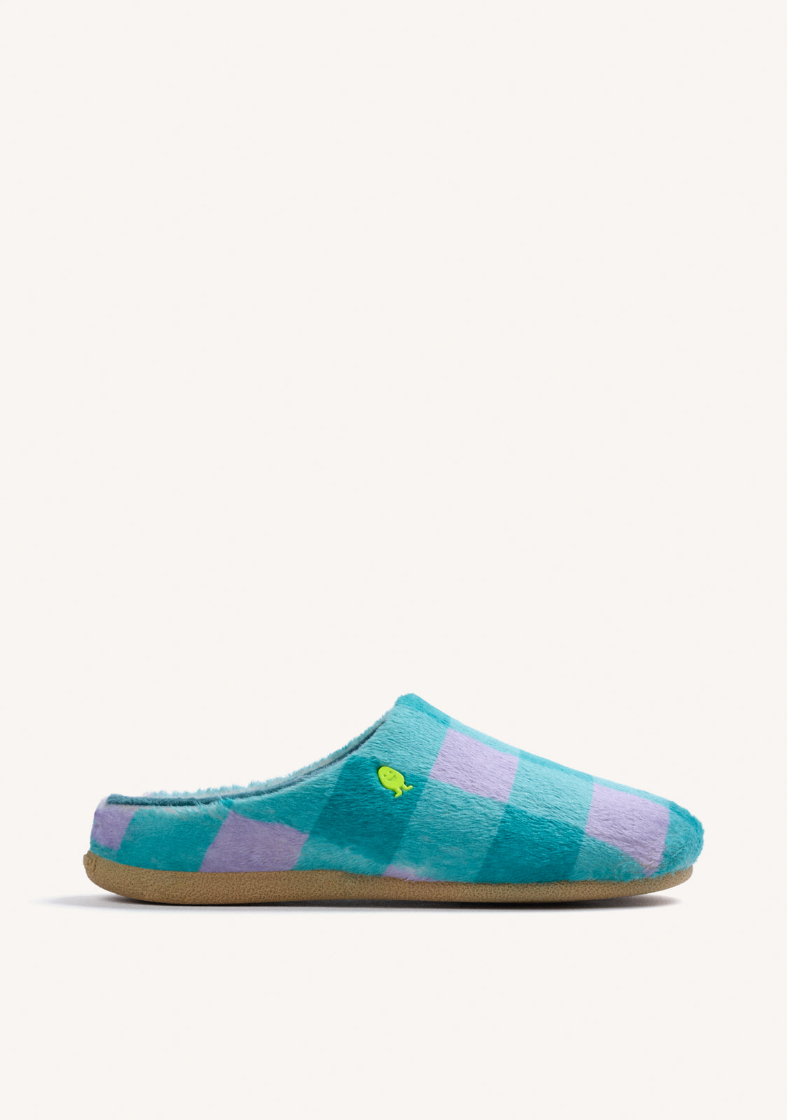 GREEN AND LILAC CHECKERED FUR HOUSE SLIPPERS