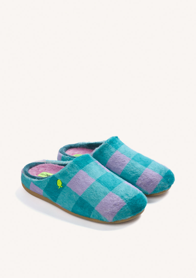 GREEN AND LILAC CHECKERED FUR HOUSE SLIPPERS
