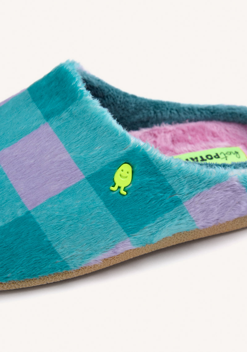 GREEN AND LILAC CHECKERED FUR HOUSE SLIPPERS