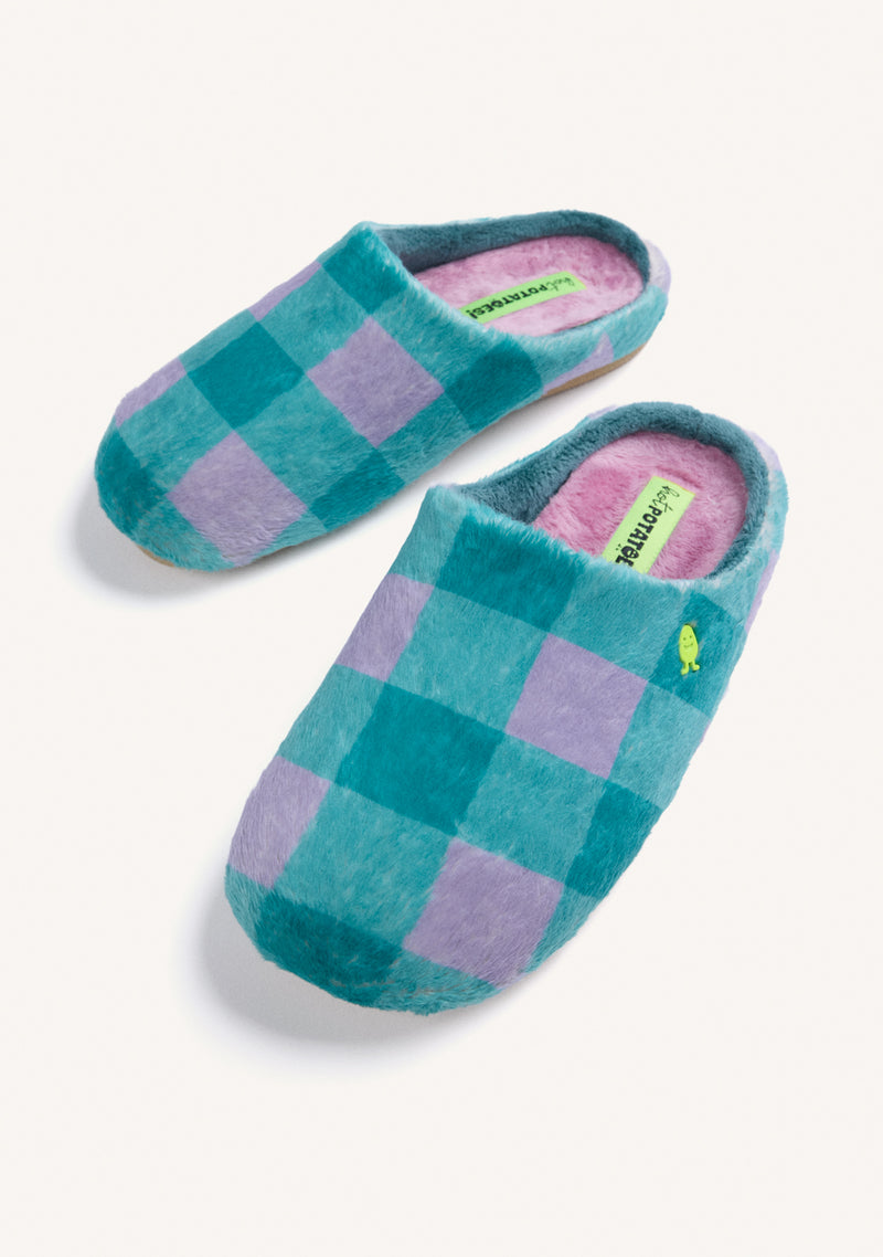 GREEN AND LILAC CHECKERED FUR HOUSE SLIPPERS