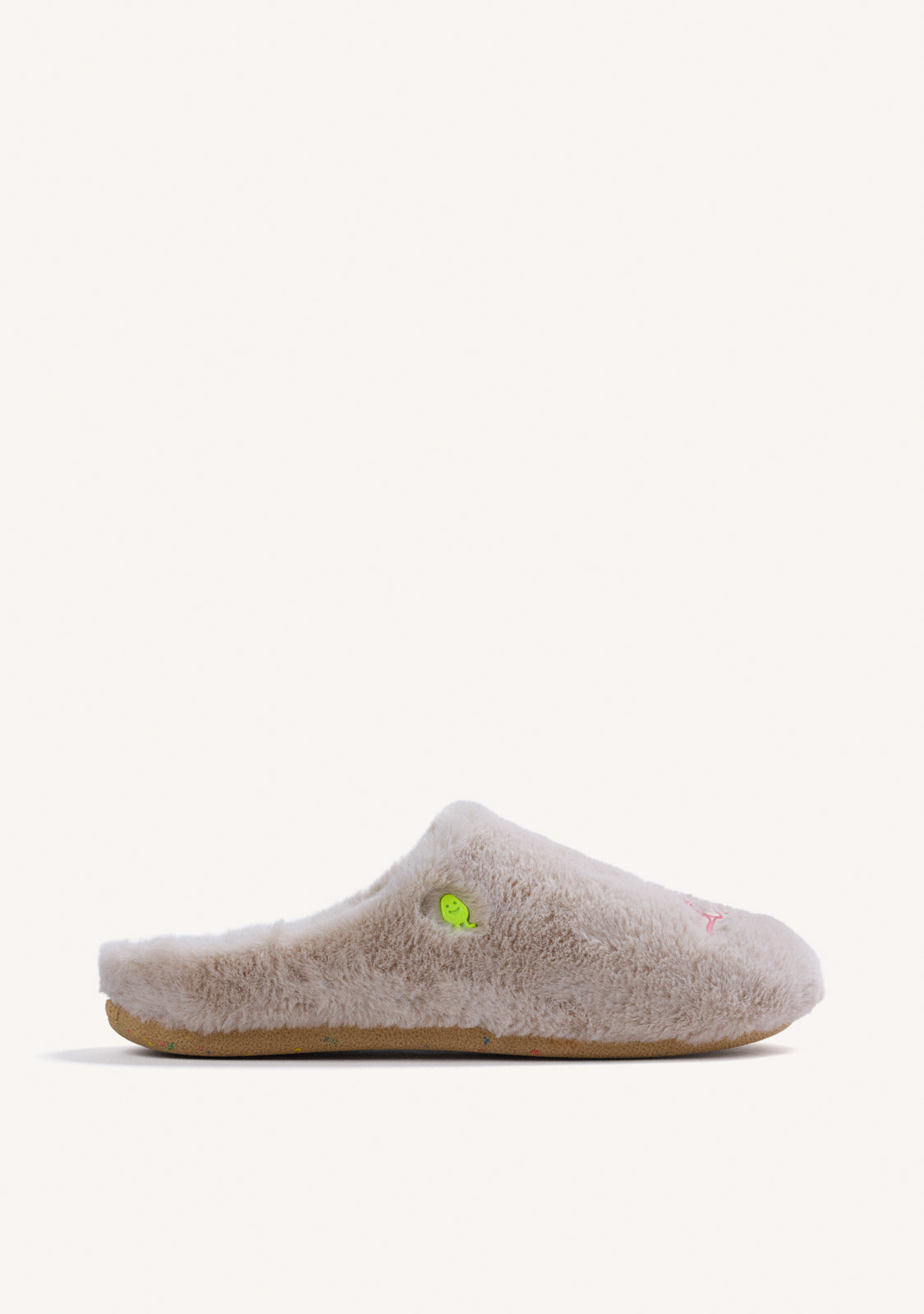 GREY FUR HOUSE SLIPPERS WITH DESIGN AND TEXT