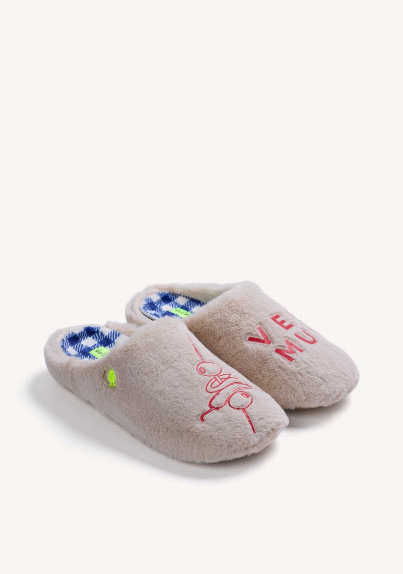 GREY FUR HOUSE SLIPPERS WITH DESIGN AND TEXT