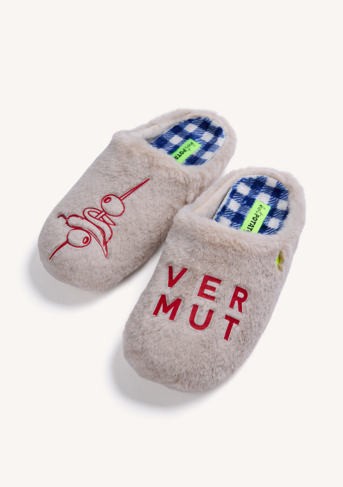 GREY FUR HOUSE SLIPPERS WITH DESIGN AND TEXT