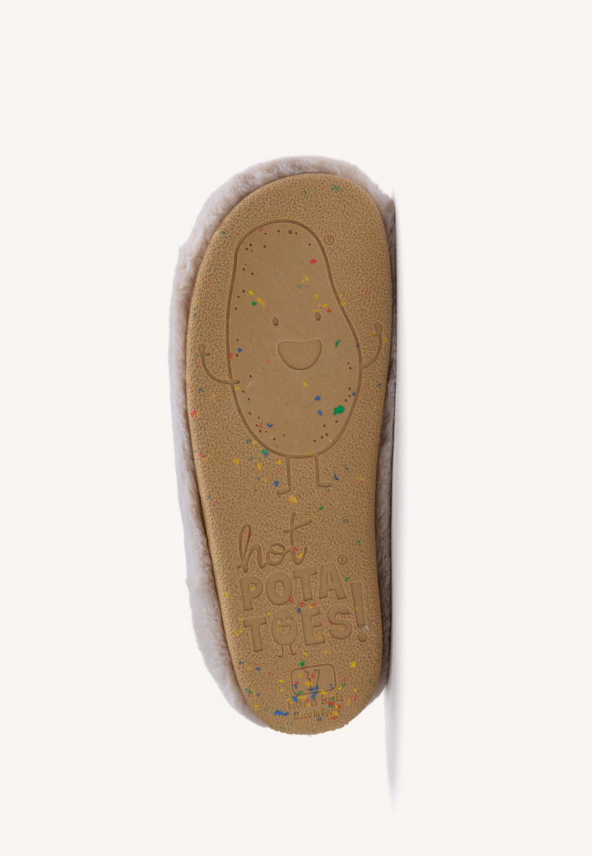 CHAUSSURES D'INTÉRIEUR GRISSES EN FOURRURE AVEC DESSIN ET TEXTE