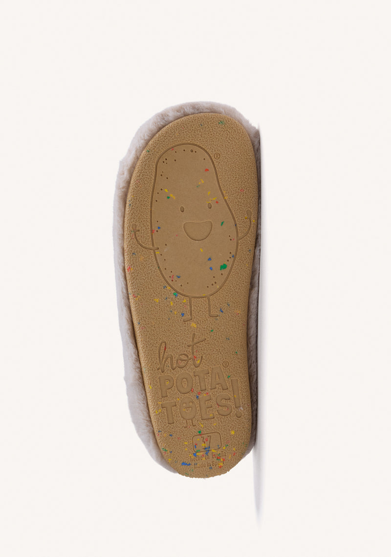 GREY FUR HOUSE SLIPPERS WITH DESIGN AND TEXT