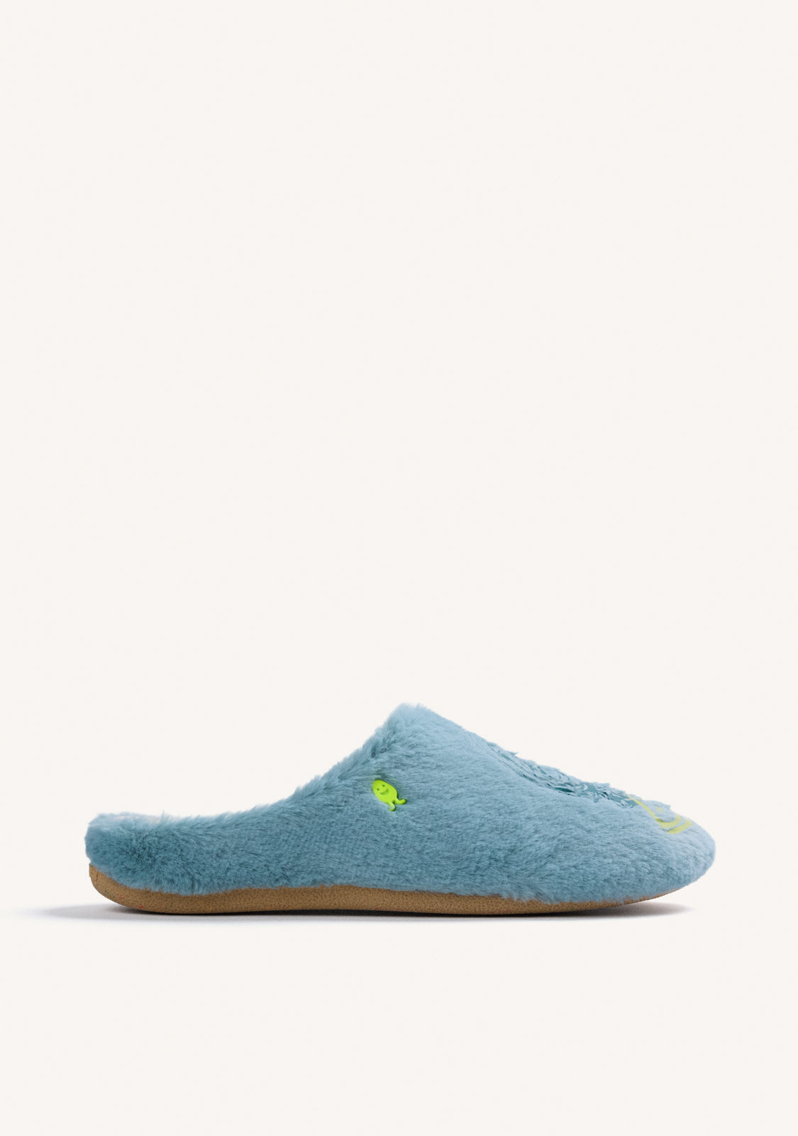 GREEN FUR HOUSE SLIPPERS WITH DESIGN AND TEXT