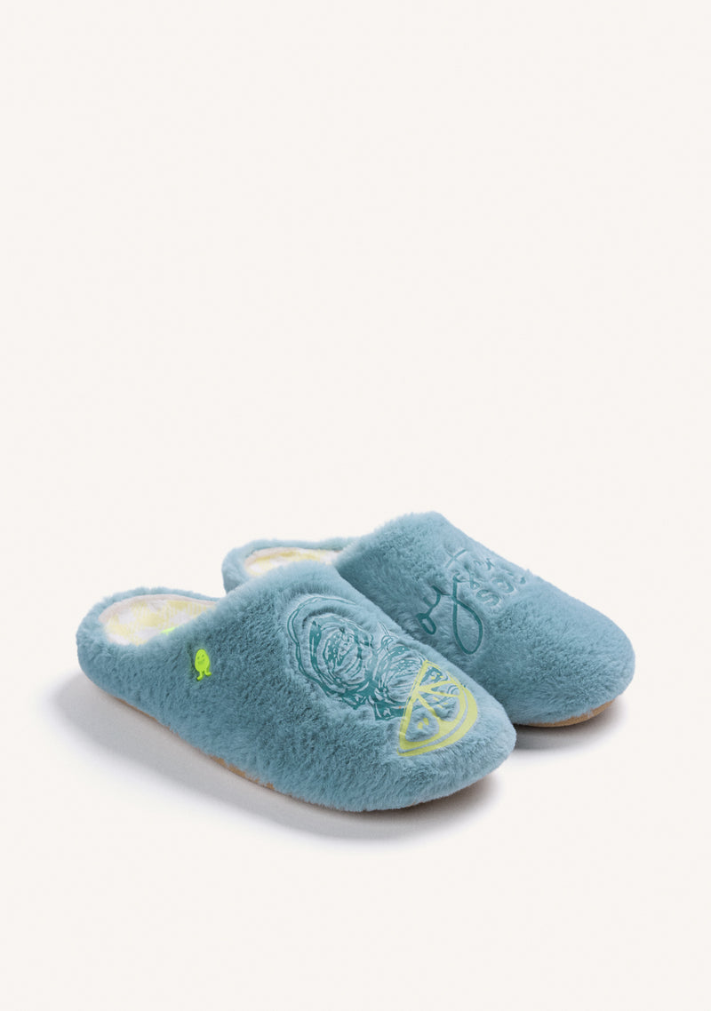 GREEN FUR HOUSE SLIPPERS WITH DESIGN AND TEXT