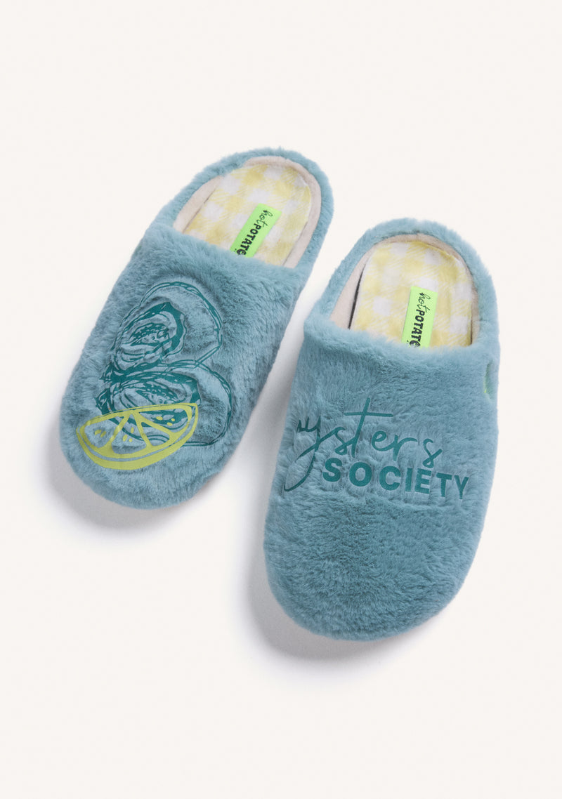 GREEN FUR HOUSE SLIPPERS WITH DESIGN AND TEXT