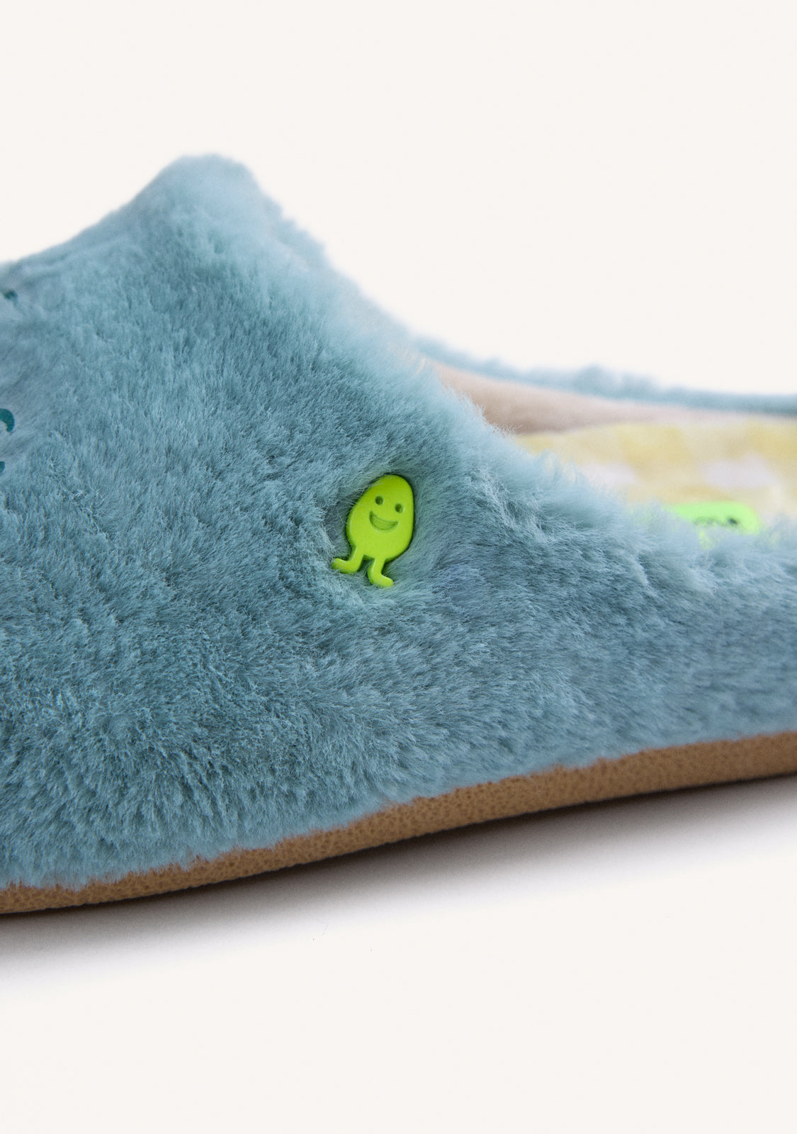 GREEN FUR HOUSE SLIPPERS WITH DESIGN AND TEXT